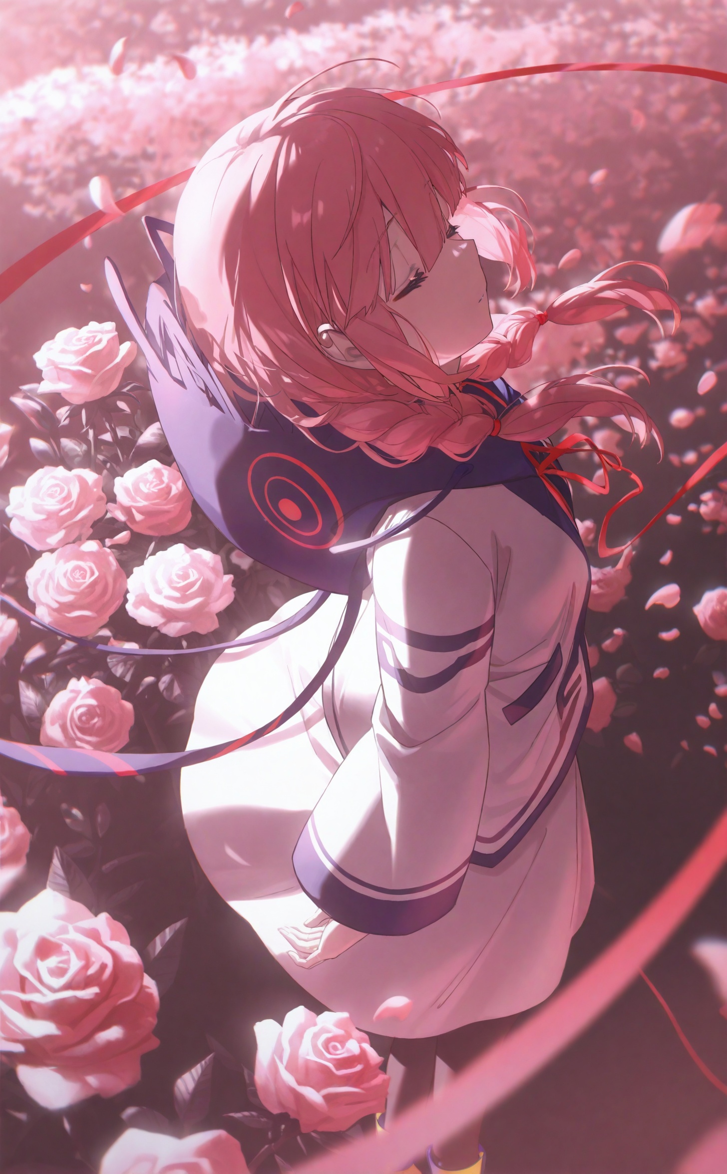 best, 1girl, kaf (kamitsubaki studio), virtual youtuber, solo, flower, hood, braid, closed eyes, pink hair, pink flower, long sleeves, twin braids, rose, petals, hood down, long hair, pink rose, hooded jacket, jacket, low twin braids, ribbon, red flower, pink theme, from above, capelet, hooded capelet, skirt, white jacket, white skirt, falling petals, from side, floating hair, red ribbon, blurry, outdoors, standing, sidelighting<lora:Mix konya+3-000043:0.9>,
