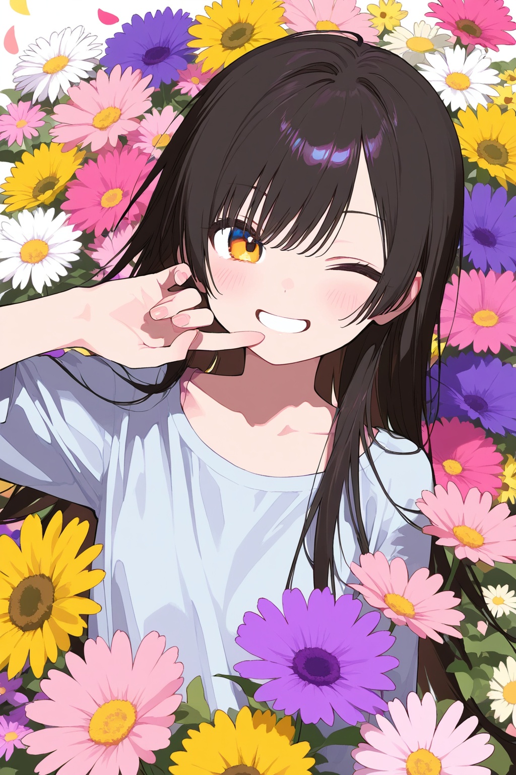 1girl,solo,one eye closed,flower,blush,smile,long hair,looking at viewer,petals,black hair,white flower,yellow flower,upper body,grin,shirt,daisy,pink flower,purple flower,best quality,amazing quality,very aesthetic,<lora:蓝色苏醒:0.7>,