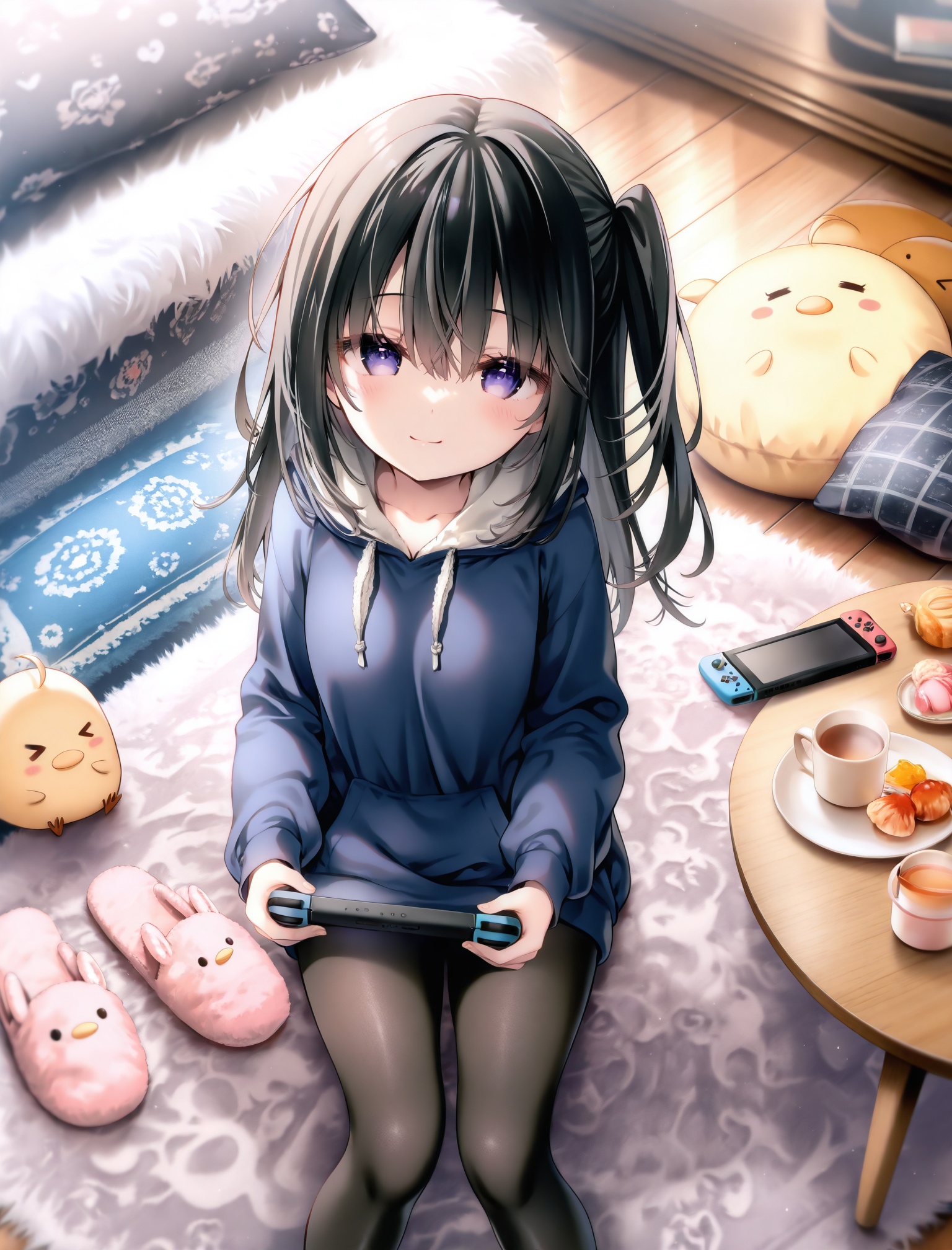 masterpiece,absurdres,best quality,petite,high quality,//,1girl, nintendo switch, cup, black hair, purple eyes, pantyhose, hoodie, hood, black pantyhose, food, handheld game console, long hair, blue hoodie, holding, sitting, looking at viewer, indoors, one side up, slippers, long sleeves, wooden floor, holding handheld game console, hair between eyes, smile, solo, playing games, blush, hood down, closed mouth, manjuu (azur lane), table, bird, pillow, candy, mug, rug, carpet, feet out of frame, from above, breasts, boots, pink footwear<lora:yuzuna_hiyo——【CKXL】hans:0.88>,