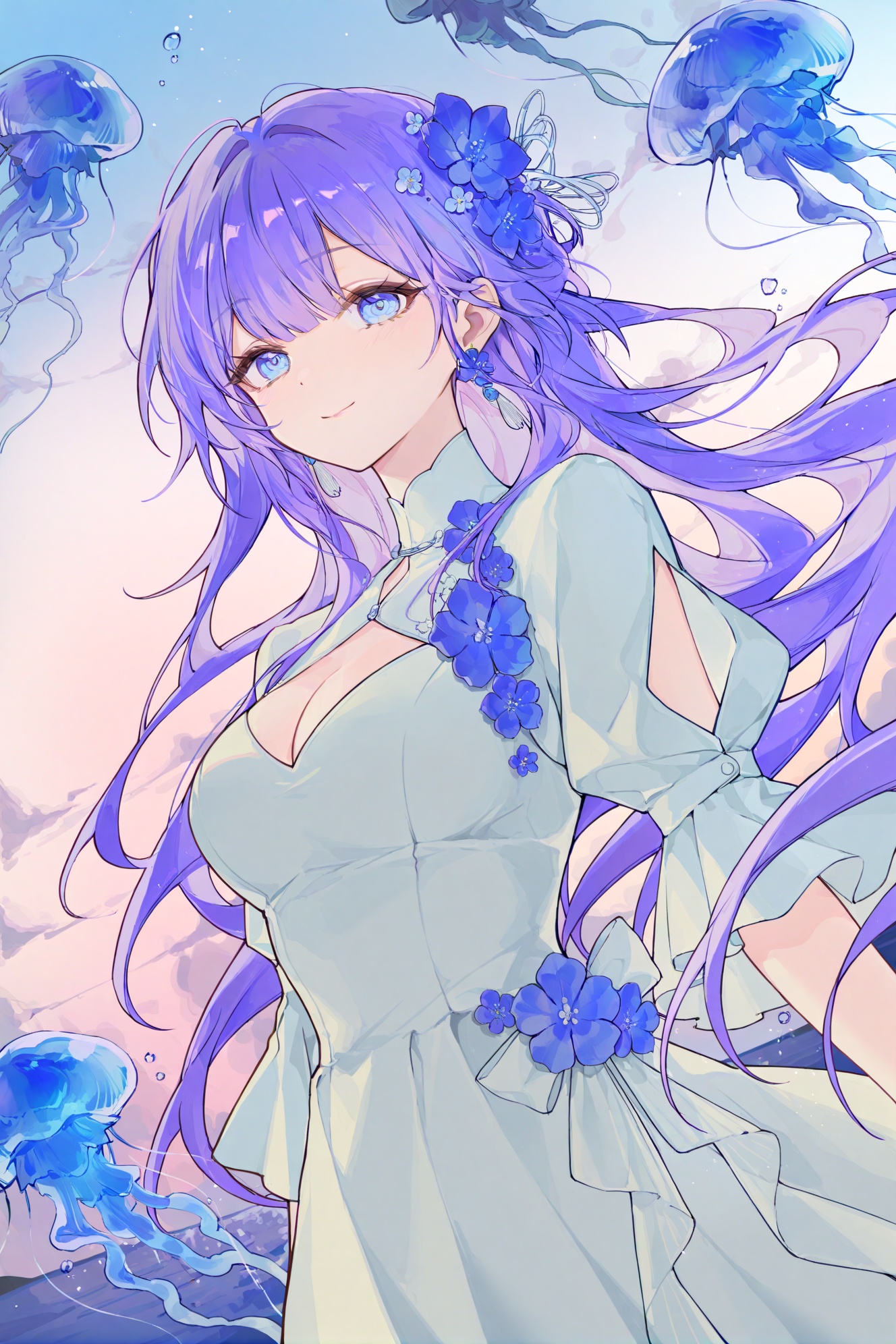 akengichi,simple,crisp,gwwj,ezu,Tender,(masterpiece:1.1),(best quality:1.1),dynamic_angle,(extremely delicate and beautiful:1.1),(huge filesize:1.1),(Noise and grain:1.1),(amazing quality:1.1),\\//, 1girl, breasts, blue eyes, flower, solo, looking at viewer, jewelry, hair flower, hair ornament, earrings, jellyfish, cleavage, purple hair, long hair, smile, upper body, closed mouth, sky, blue flower, large breasts, dress, white dress, clothing cutout, cleavage cutout