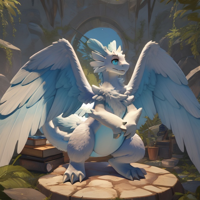 quivern,absurdres,full body,female,fur,white wings,feathered wings,<lora:quivern:0.8>,fur,(3 toes:1.2),