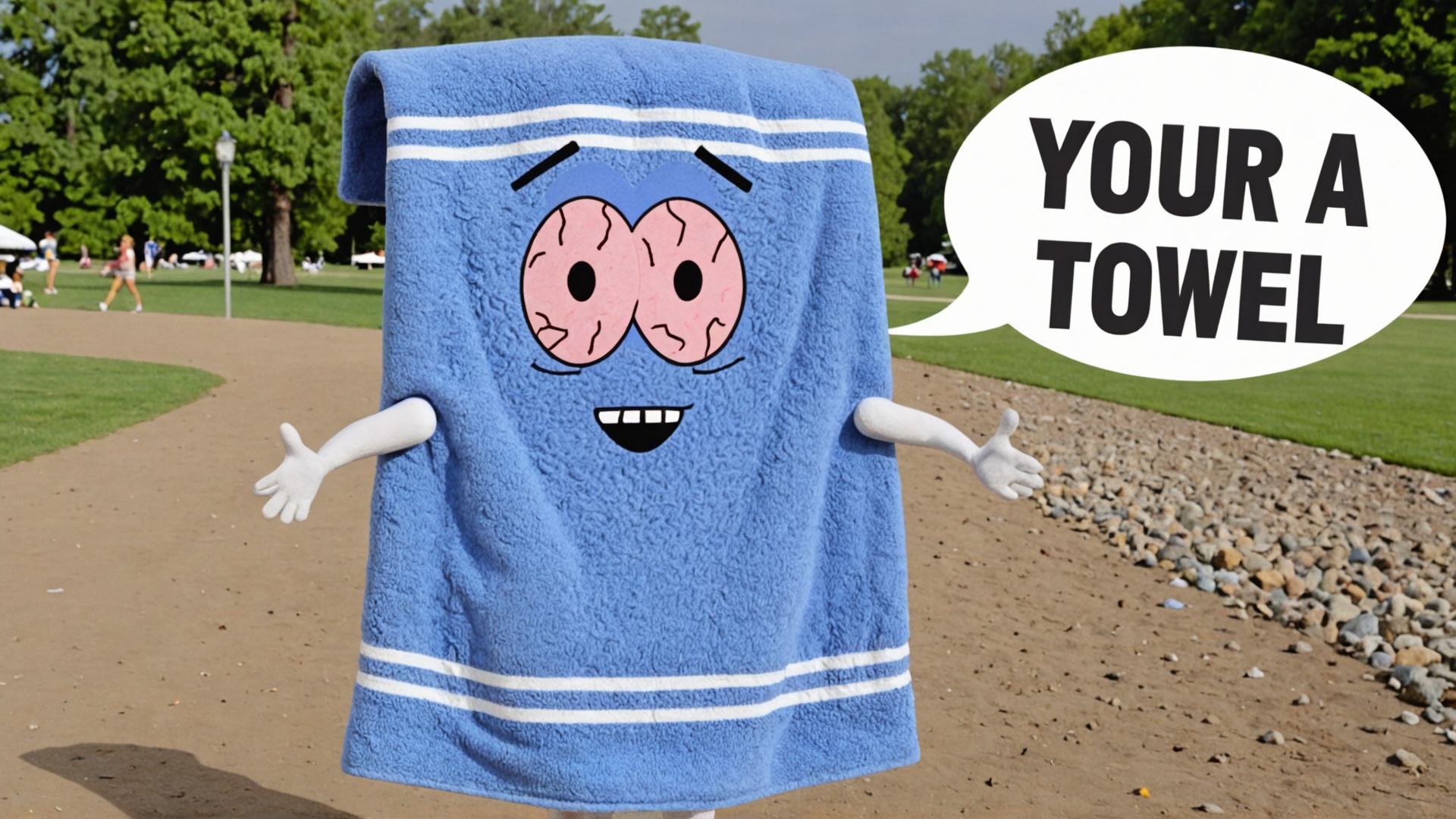 Photo of Towelie at the park with a text bubble that says "your a towel" on Tensor.Art