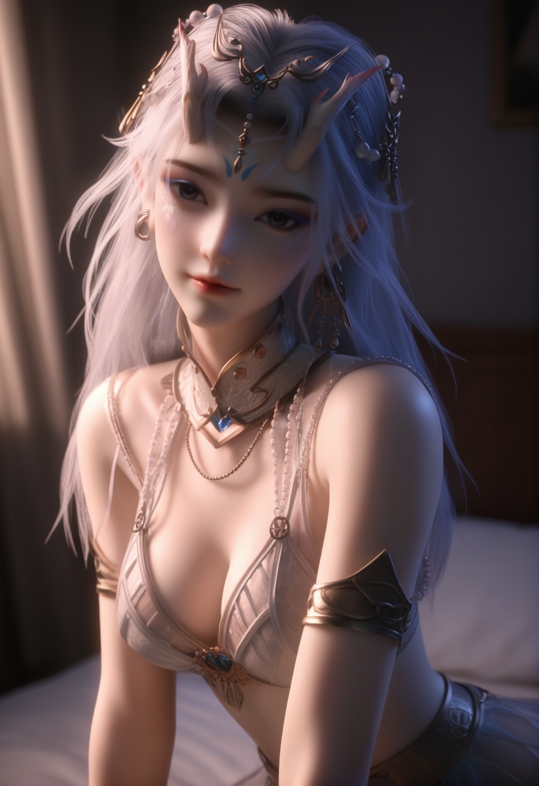 supermodel,score_8_up,score_7_up,(hyperdetailed:1),masterpiece,best quality,amazing quality,high resolution,ultra-detailed,absurdres,(looking at viewer:1.1),upper body,(Dark room:1.3),(moody lighting:1.1),(large breasts:0.8),1girl,solo,long hair,makeup,BREAKcollarbone,sheer overlay,bare shoulders,sheer collar,high collar,jewelry,hair ornament,dangling earrings,forehead decoration BREAK photorealistic details,facepalm,shy,blush,<lora:封念云:0.8>,kneeling,curtains,lips,bedroom,bra,head tilt,forehead,smile,black eyes,thighs,parted bangs,