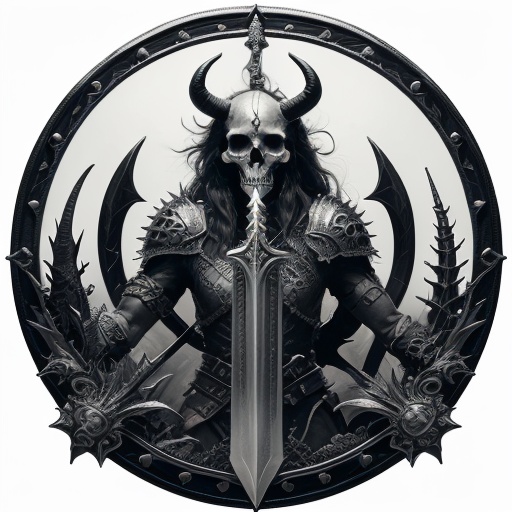 <lora:graphic badge:1>,(graphic badge:1.3),greyscale,monochrome,weapon,sword,no humans,solo,white background,horns,simple background,armor,holding sword,monster,holding weapon,holding,extra arms,long hair,spikes,skull,