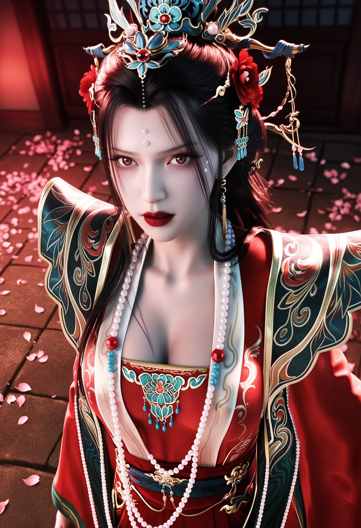 masterpiece,best quality,amazing quality,high resolution,ultra-detailed,absurdres,(looking at viewer:1.1),upper body,(Dark room:1.3),(moody lighting:1.1),peach blossom,falling petals BREAK large breasts,chufuren,1girl,solo,hair ornament,jewelry,black hair,long hair,beads,earrings,forehead mark,necklace,red lips,chinese clothes,facial mark,hair flower,dress,bead necklace,red dress,makeup,brown eyes,realistic,lipstick,shoes BREAK photorealistic details,<lora:QQSillchufurenV1:0.8>,