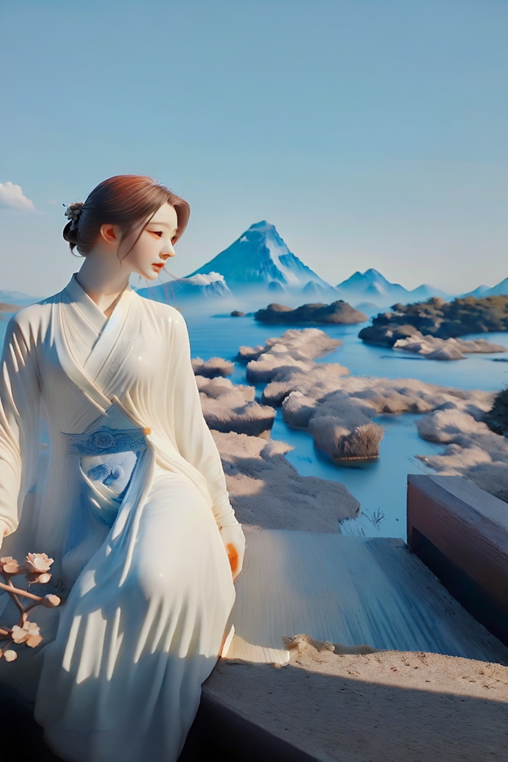 shouban,<lora:手办_v1.0:1>,1girl,a woman wearing a lake blue gauze skirt is boating on the lake,the autumn wind blows the hem of the skirt,she gazed into the distance,if in thought,the lake surface shimmered with ripples,phragmites overgrow,distant mountain layering,wild geese flying south in the sky,the entire screen is in blue,gold,brown as the main color tone,showcasing a serene and distant scene,a poetic and picturesque autumn painting scroll,