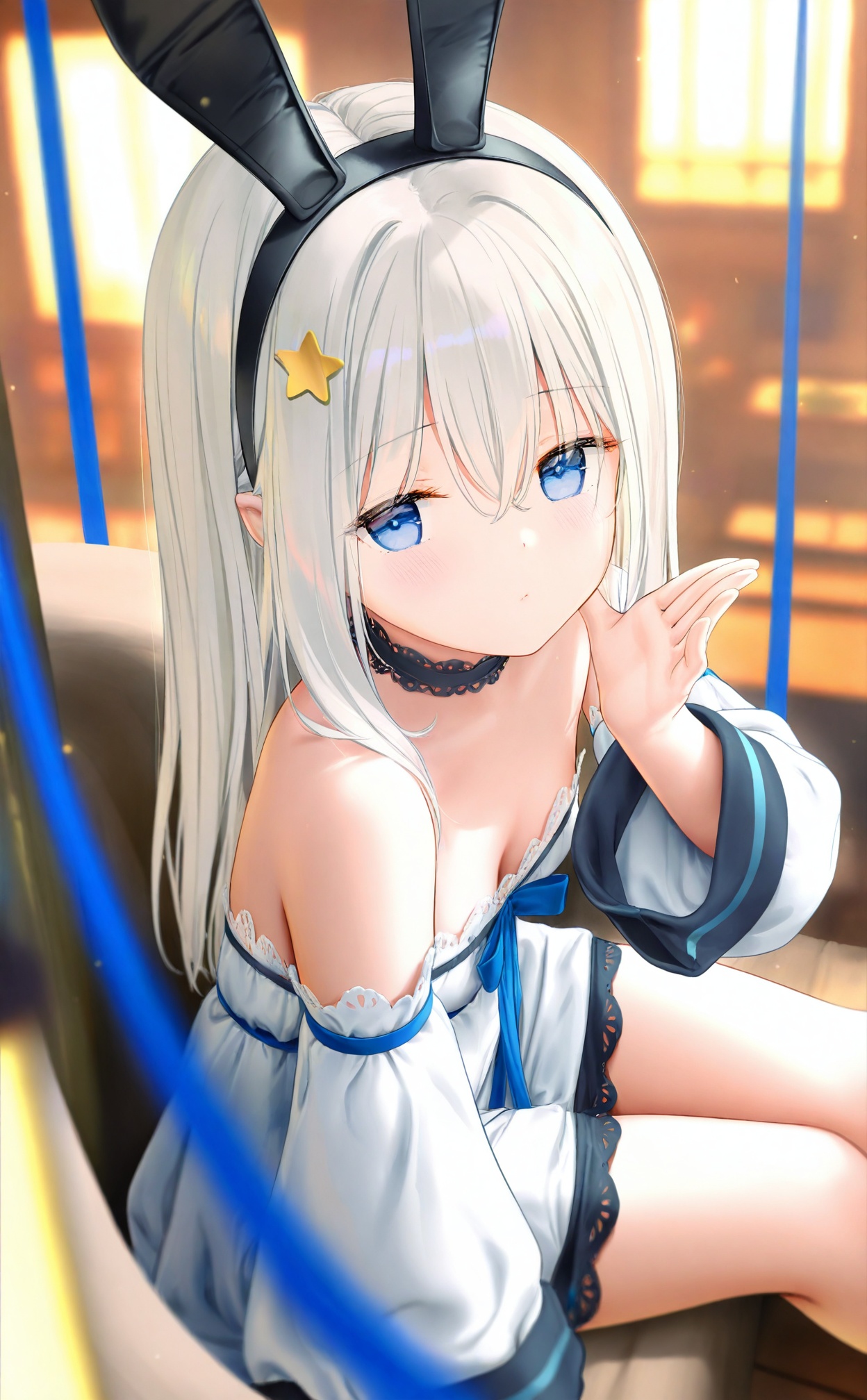 masterpiece,blurry background,loli,light leaks,fair_skin,blurry,depth_of_field,Cinematic Lighting,loli,himitsu_(hi_mi_tsu_2),Artist haneru,Artist:hiten_(hitenkei),artist chen_bin,artist:wanke,(artist:ke-ta:0.6),[Artist:wlop],(Artist agwing86:1.3),(Artist aki99:0.5),(Artist z282g:0.66),loli,1girl,animal ears,solo,rabbit ears,star hair ornament,blue eyes,white hair,detached sleeves,long hair,dress,white dress,looking at viewer,breasts,sitting,hair ornament,closed mouth,cleavage,indoors,window,bare shoulders,fake animal ears,hair between eyes,long sleeves,star (symbol),white sleeves,white shorts,blush,hairband,hand up,shorts,small breasts,puffy long sleeves,blue ribbon,lace-trimmed dress,