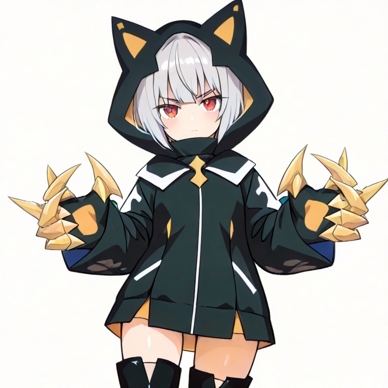 masterpiece, best quality,solo,(white background:1.2),simple background,looking at viewer,  thigh boots,hooded jacket,boots,silver hair,black legwear,black jacket,black footwear,claws,cat hood,thighhighs,red eyes,short hair,cat ears,bangs,animal hood,hood,hood up,hoodie,<lora:死士-利爪型-ill:0.8>