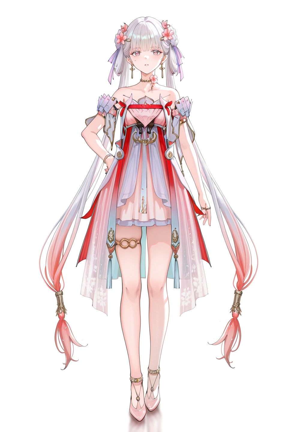 8k,best quality,masterpiece,(ultra-detailed),(high detailed skin),((artist:reoen),(artist:fuzichoco),(artist:atdan),(artist:torino_aqua),year 2024:0.8)1girl,[artist:wlop],[artist:ningen_mame],artist:ciloranko,[[artist:rhasta]],artist:tidsean,colorful,detailed light,light leaks,sunlight,bokeh,blurry foreground,ray tracing,lens flare,cinematic lighting,full body,full shot,standing,looking at viewer,(solo:1.2),simple background,(white background:1.2),hand on own hip,(white background:1.1),<lora:jxnew-noob-Tanger-000014:0.8>,jinhsi,jinhsi \(peach blossom\) \(wuthering waves\),(clothes:peach blossom pink dress,alternate costume,bare shoulder:1.1),flower-shaped pupils,1girl,hair ornament,hair flower,twintails,bangs,dress,standing,jewelry,very long hair,A full-body portrait of a young girl,standing gracefully,pastel art style,high-key lighting,shoujo manga influence,hd quality,delicate details,