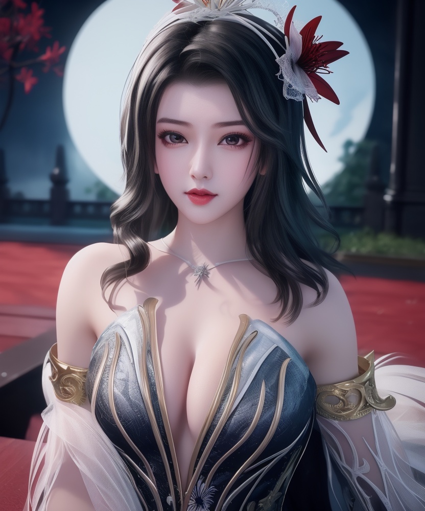 <lora:542-DA-万界至尊-青雉:0.8>(,1girl, ,best quality, ),looking at viewer,  ,,ultra detailed background,ultra detailed background,ultra realistic 8k cg, ,masterpiece, spider lily,full moon, (cleavage), (),