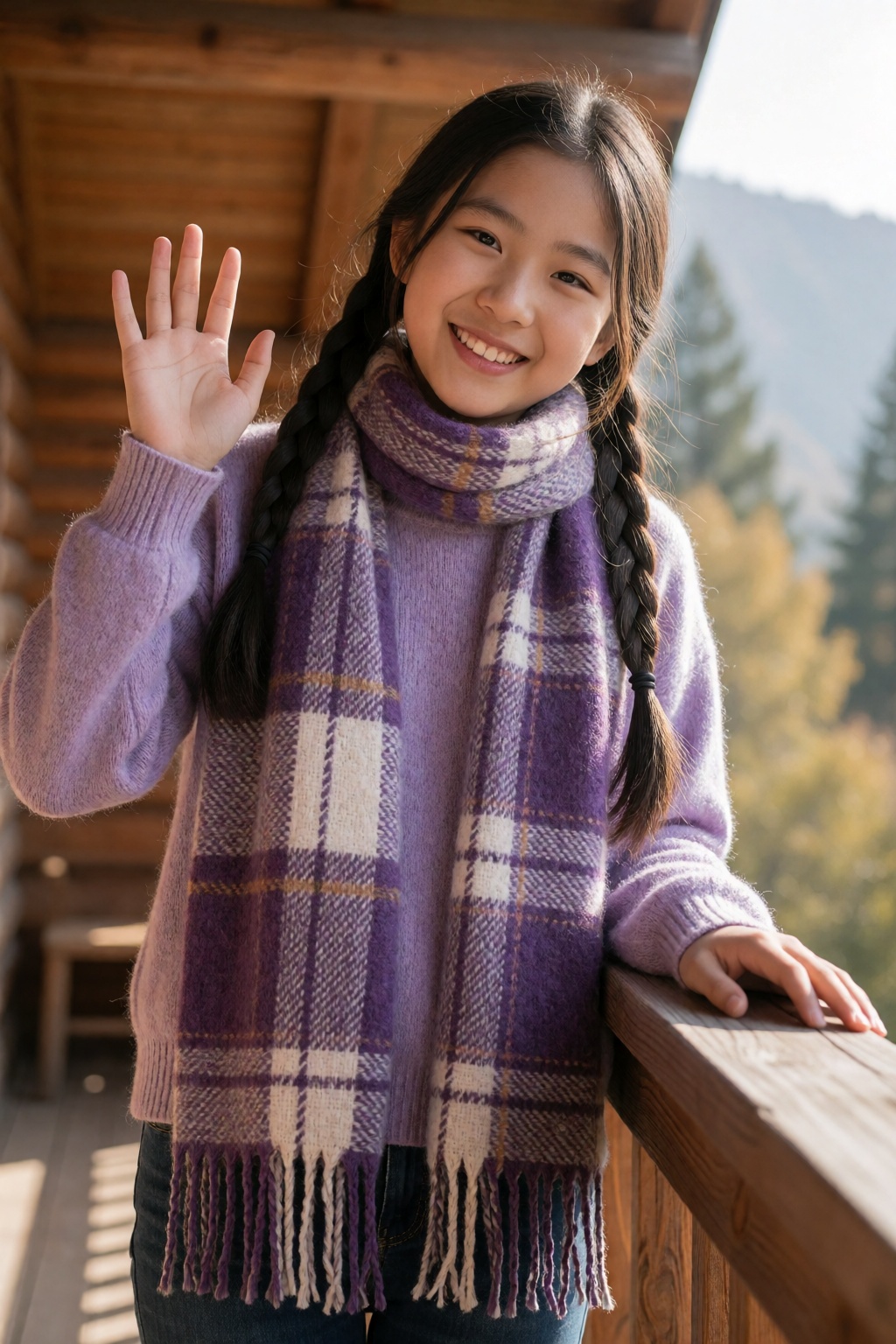 An Asian woman with long braids,  wearing a purple plaid scarf and a matching sweater,  stood on a wooden balcony on Tenso...