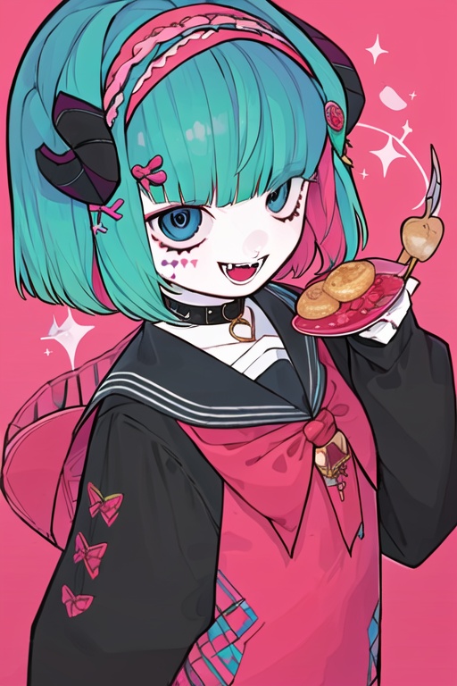 CH,high contrast,1girl,solo,looking at viewer,smile,short hair,open mouth,bangs,blue eyes,shirt,hair ornament,long sleeves,bow,holding,jewelry,multicolored hair,hairband,food,horns,hairclip,sailor collar,black shirt,fangs,pink background,red background,