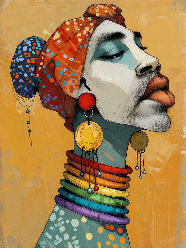 Bradhamel art style. A stylized illustration of an African woman in profile,  looking upward with her eyes closed and tong...