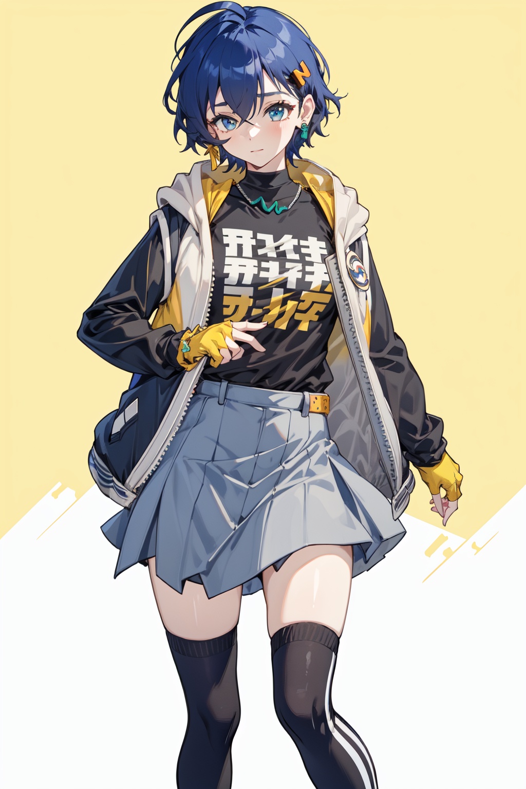 <lora:Belle:0.8>,Belle CYQL,1girl,looking at viewer,solo,blue hair,short hair,hair between eyes,blue eyes,jewelry,hair ornament,earrings,hood,jacket,black shirt,long sleeves,open clothes,open jacket,multicolored clothes,fingerless gloves,wrist scrunchie,grey skirt,asymmetrical legwear,single kneehigh,single sock,shoes,(cowboy_shot:1.3),(yellow background:1.4),posing,masterpiece,best quality,beautiful and aesthetic,