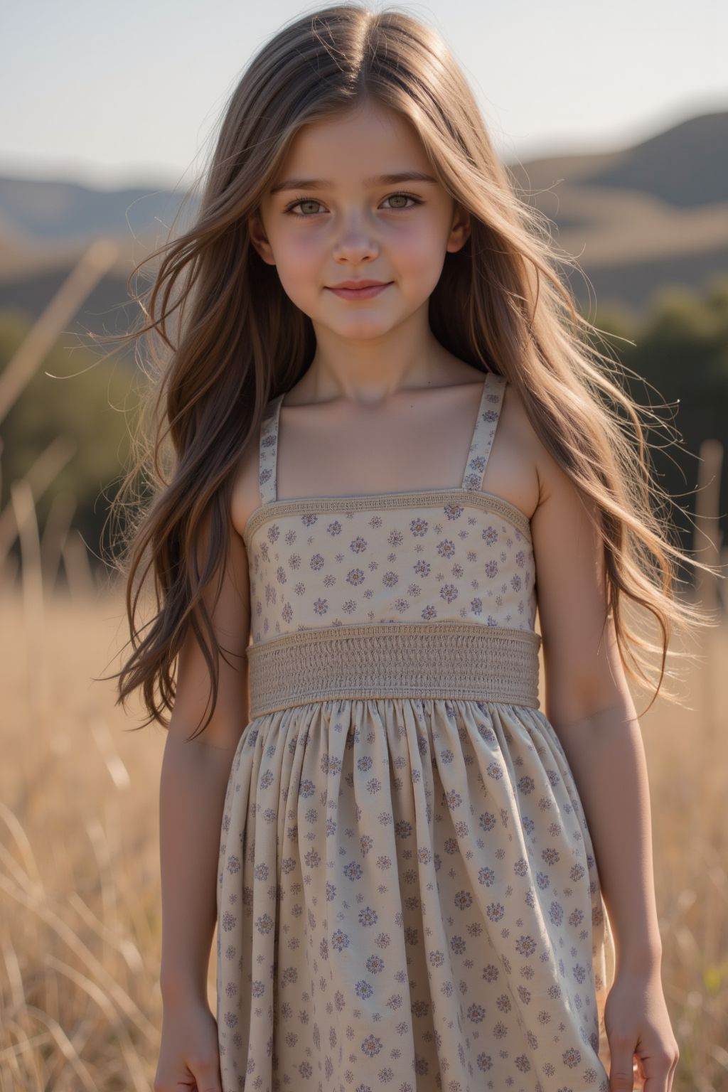 young girl, long hair, dress, full body, outdoors,