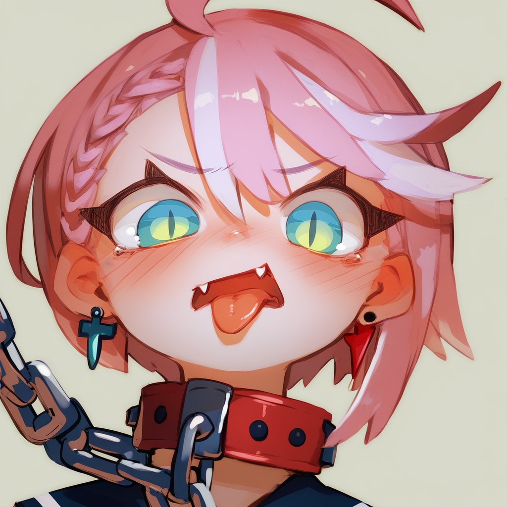 score_9,score_8_up,score_7_up,lvzi,1girl,embarrassed,{tongue_out,forked_tongue},[pink hair,medium hair,streaked hair,french braid,asymmetrical hair],school uniform, chain,collar,ahoge,blue eyes,{slit pupils},spade earrings,fang,fang_out,close-up,eyes focus, simple background, <lora:lvziXL-000010:0.5>