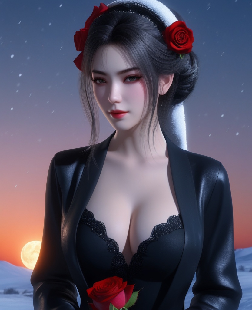 <lora:609-DA-XL-天行九歌-焰灵-水中:0.8>(,1girl, ,best quality, ),looking at viewer,masterpiece, (( , )),, realistic,science fiction,mole, ultra realistic 8k cg, ,      ,outdoors, snow, snowing, snow on head, sun,sunset,sunlight,moonlight,full moon, red moon,  crescent moon,  crescent rose,  black rose,       (cleavage), (),