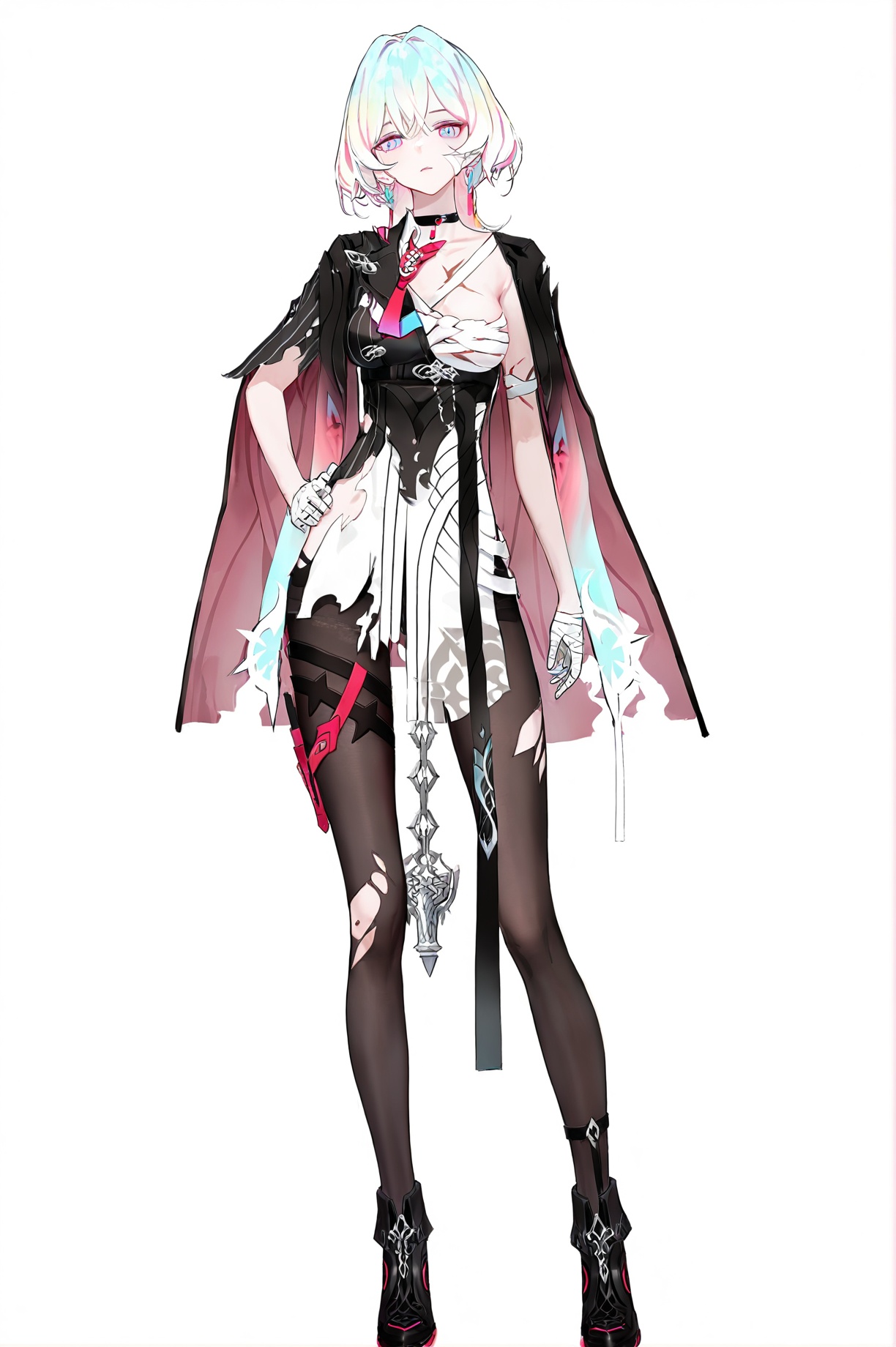 8k,best quality,masterpiece,(ultra-detailed),(high detailed skin),(artist:reoen:0.826446),(artist:machi:0.9),(artist:ningen_mame:0.9),(artist:sho_(sho_lwlw):0.9),(artist:rhasta:0.9),(artist:wlop:0.7),(artist:ke-ta:0.6),(fkey:0.5),(tianliang duohe fangdongye:0.5),(hiten \(hitenkei\):0.6),best quality,amazing quality,(artist:onineko:0.826446),very aesthetic,bokeh,masterpiece,best quality,<lora:wqmt-gnoob-Tanger:0.4>,Path to Nowhere  \(video game\),game CG,cool,(solo:1.3),full body,full shot,standing,looking at viewer,(solo:1.2),simple background,(white background:1.2),hand on own hip,(white background:1.1),<lora:Lantern-new-will-Tanger-000014:1>,Lantern \(Honkai Impact 3\),bandages,torn clothes,torn Lantern,clothes: torn white-and-black suit,facial bandage,half sarashi,scar,1girl,breasts,blue eyes,earrings,blue-and-pink hair,multicolored hair,jewelry,torn black pantyhose,