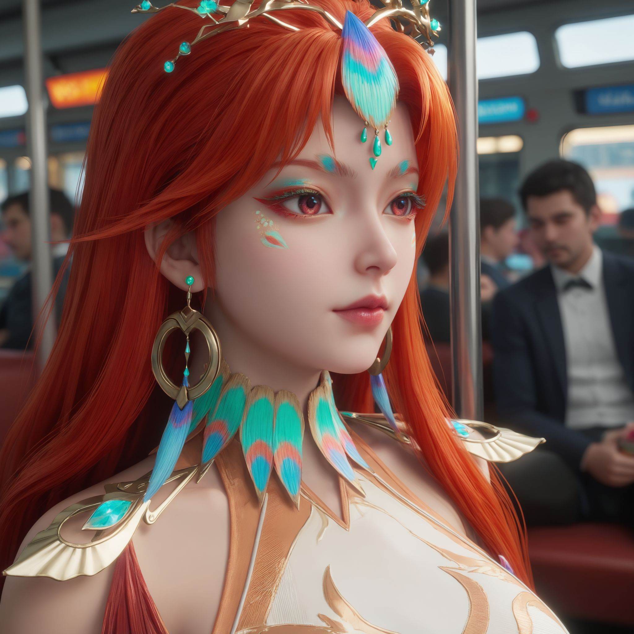 solo,1girl,fair_skin,white_skin,shiny_skin,Ivory_skin,solo focus,(perfect_face:1.2),(perfect_anatomy:1.1),(upper_body:1.2),(portrait:1.1),large breasts,sitting,(train_interior:1.1),(blurry_background:1.2),score_9, <lora:沧元图-柳七月-凤凰Pony:0.6>,long,flowing red hair,a vibrant,flowing skirt adorned with large,colorful,peacock-like feathers in shades of green,blue,and gold,cascading down her right side.,