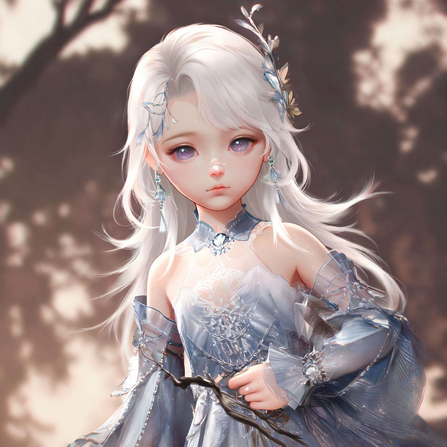 masterpiece,very aware,highres,absurdres,newest,best quality,loli,petite,high quality,chromatic_aberration,cinematic_angle,dutch angle,//,loli,1girl,solo,long hair,upper body,white hair,hair ornament,expressionless,looking at viewer,purple eyes,closed mouth,bare shoulders,dress,holding,branch,bird,jewelry,blurry background,blurry,earrings,detached sleeves,//,official art,depth of field,detailed light,blurry background,best shadow,shiny skin,cinematic lighting,ray tracing,amazing quality,very aesthetic,absurdres,beast quality,ultra detailed,newest,8K,HDR,//,<lora:touxiang22——【noob】hans:1>,