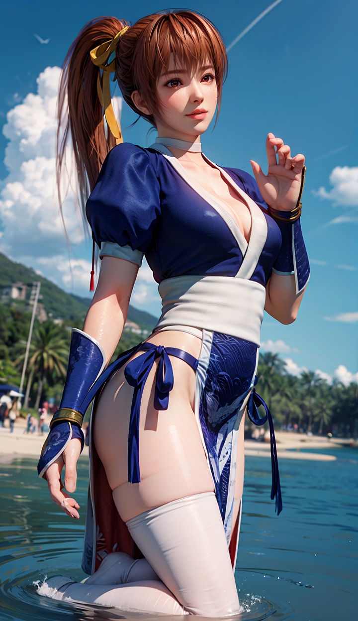 kasumi,1girl,solo,medium breasts,closed mouth,Best quality,masterpiece,ultra high res,high quality,8k,wallpaper,fine lineart,highly detailed,absurdres,(perfect fingers:1.1),(perfect hands:1.1),<lora:kasumisuit4r-000005:0.8>,pelvic curtain,arm guards,shin guards,<lora:add_detail:0.3>,(water:1.1),(wading:1.1),looking at viewer,(blush:1.2),upper body,(waving:1.1),