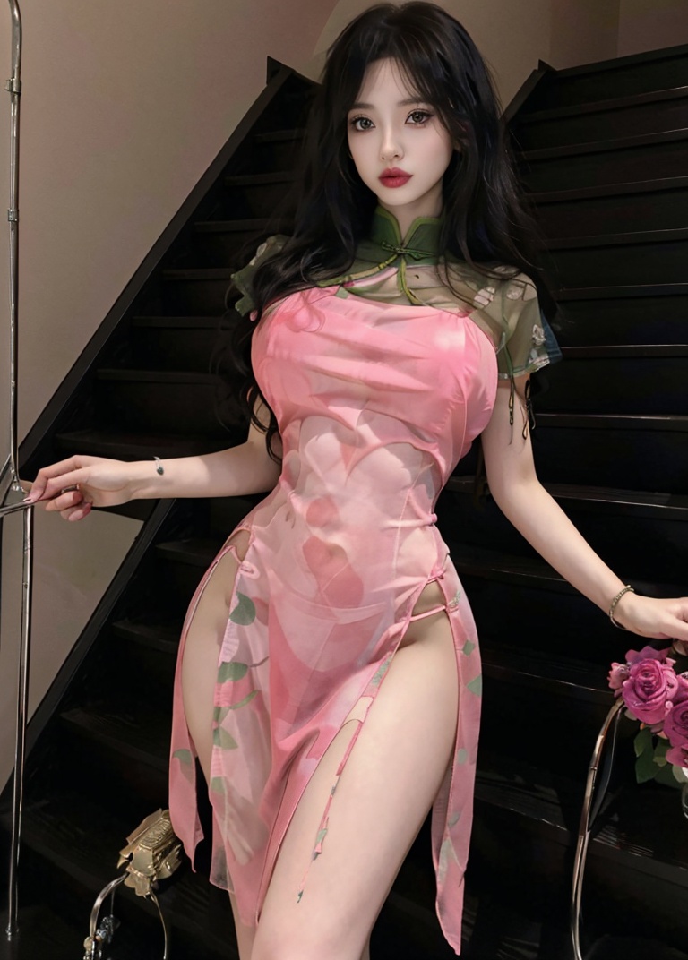 (masterpiece, best quality:1.4),finely detailed,1girl,solo,pale skin,perfect body,(gigantic breasts:1.3),standing,<lora:性感粉色中式开叉旗袍-000008:0.8>,china dress,chinese clothes,dress,pink dress,see-through,underwear,