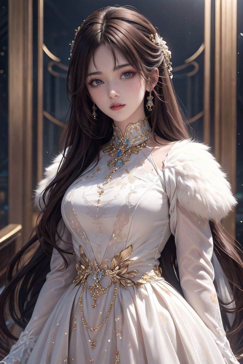 upper body,1girl,brown hair,dress,jewelry,long hair,looking at viewer,solo,