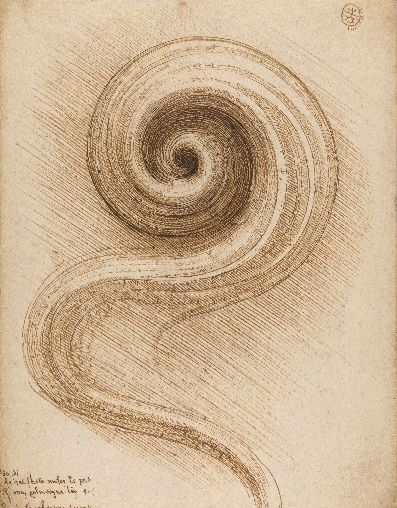 In the style of Leonardo da Vinci,  a study of water currents and whirlpools,  sepia ink drawing with flowing hatching lin...