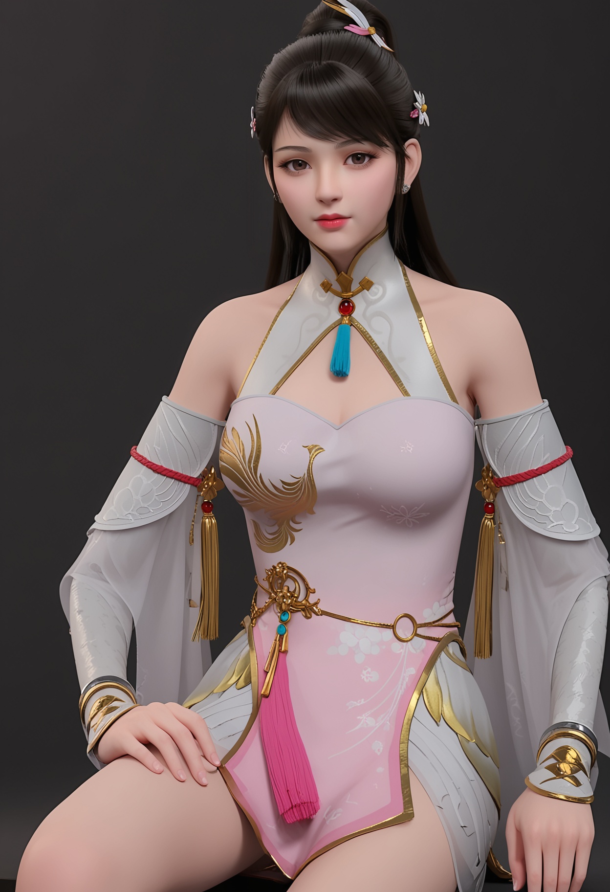 (perfect_anatomy:1.1),(upper_body:1.1),<lora:YQ_pony_cangyuegongzhu_V4:0.8>,q1528437228,1girl,solo,long hair,hair ornament,black hair,dress,jewelry,bare shoulders,chinese clothes,ponytail,white dress,detached sleeves,earrings,china dress,brown eyes,brown hair,realistic,breasts,clothing cutout,hair flower,lips,cleavage cutout,boots,hair bun,knee boots,white footwear,bracelet,makeup,red lips,swept bangs,see-through,pink dress,black eyes,sleeveless,(looking_at_viewer:1.1),perfect_anatomy BREAK perfect_anatomy,solo focus,(score_9:1.2),masterpiece,(best quality:1.1),(simple background,pure black background,black background:1.1),perfect_anatomy,