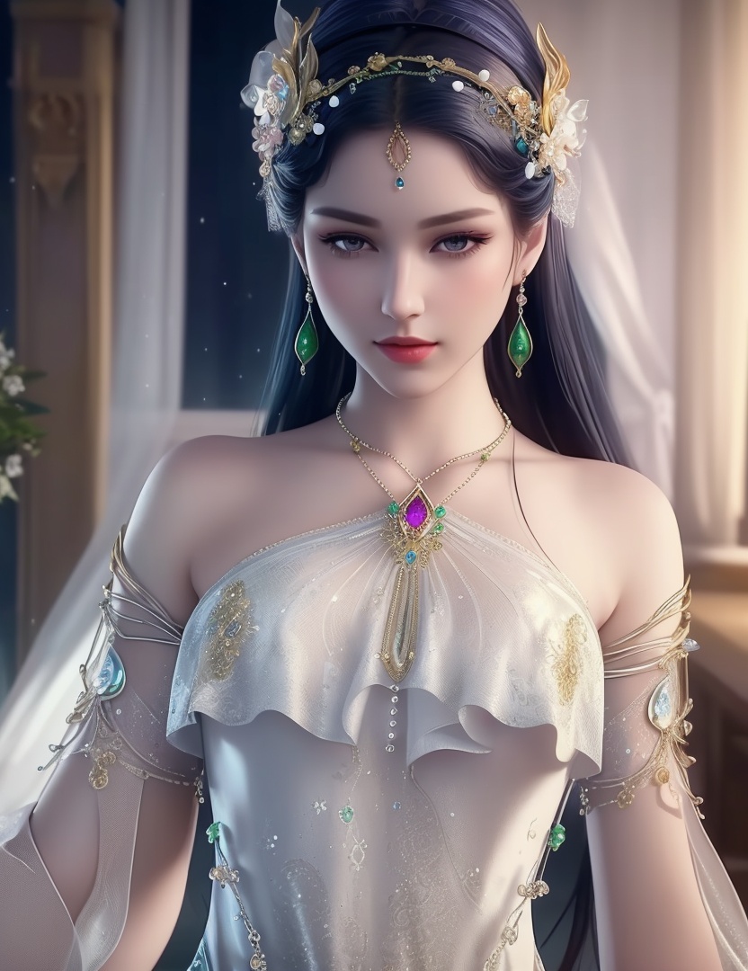ultra realistic 8k cg, picture-perfect face, flawless, clean, masterpiece, professional artwork, famous artwork, cinematic lighting, cinematic bloom, perfect face, beautiful face, fantasy, dreamlike, unreal, science fiction,  beautiful clothes, lace, lace trim, lace-trimmed legwear,  (rich:1.4), prestige, luxury, jewelry, diamond, gold, pearl, gem, sapphire, ruby, emerald, intricate detail, delicate pattern, charming, alluring, seductive, erotic, enchanting, hair ornament, necklace, earrings, bracelet, armlet,halo((,1girl, pov,))(((,  1girl,  solo,looking at viewer, ))),(((1girl, solo, dress, jewelry)))<lora:DA_WhiteSnakeGreenSnake:0.7>