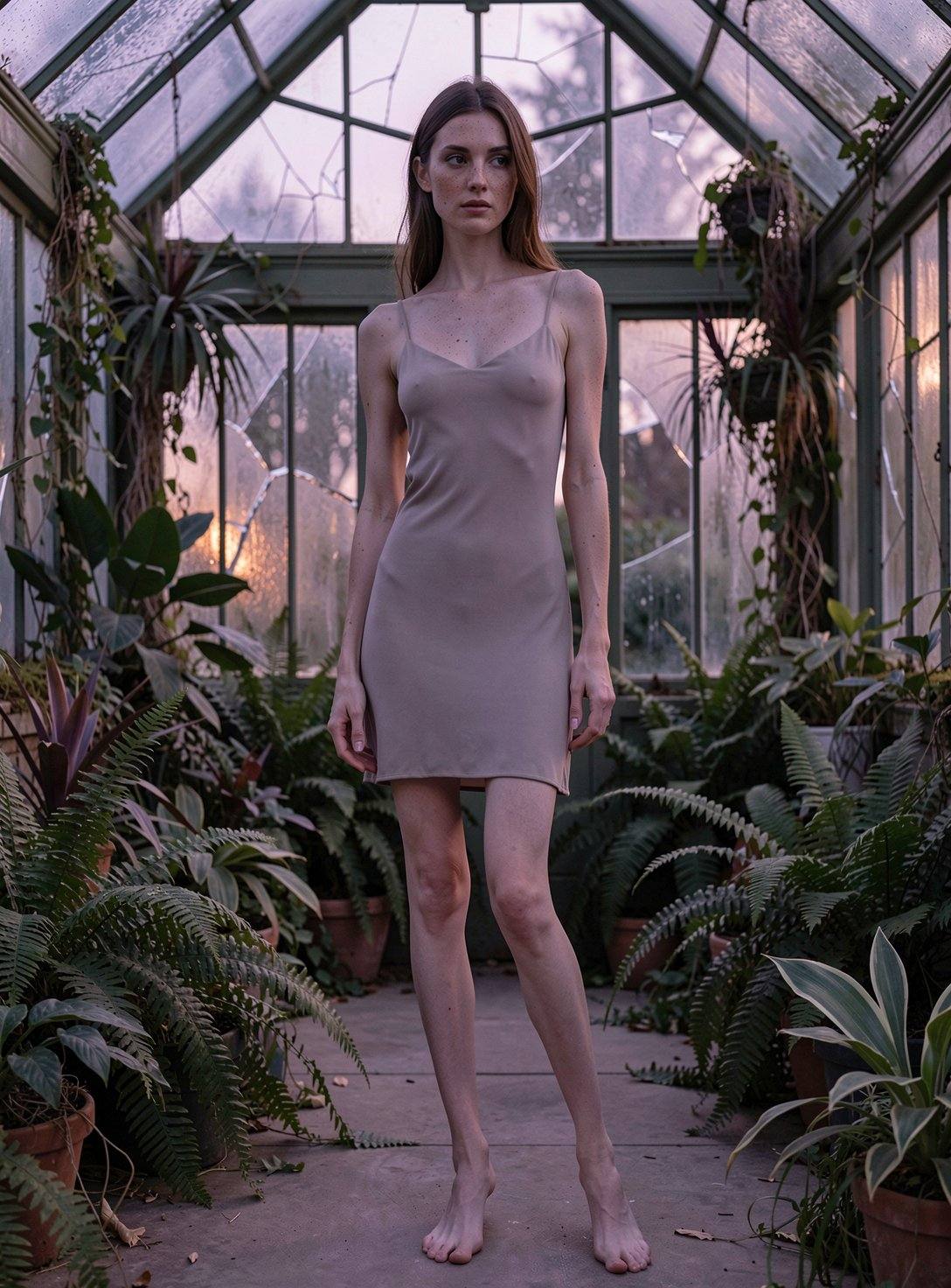 An even vertical full shot environmental portrait of a composed and elegant young woman standing in a kinetic,  poised sta...
