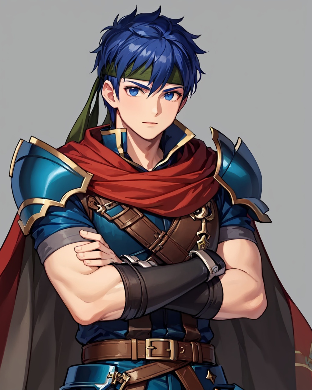 masterpiece,best quality, highly detailed, ike (fire emblem), headband, male focus, 1boy, cape, gloves, crossed arms, armor, simple background,<lora:ike_(fire_emblem):1>