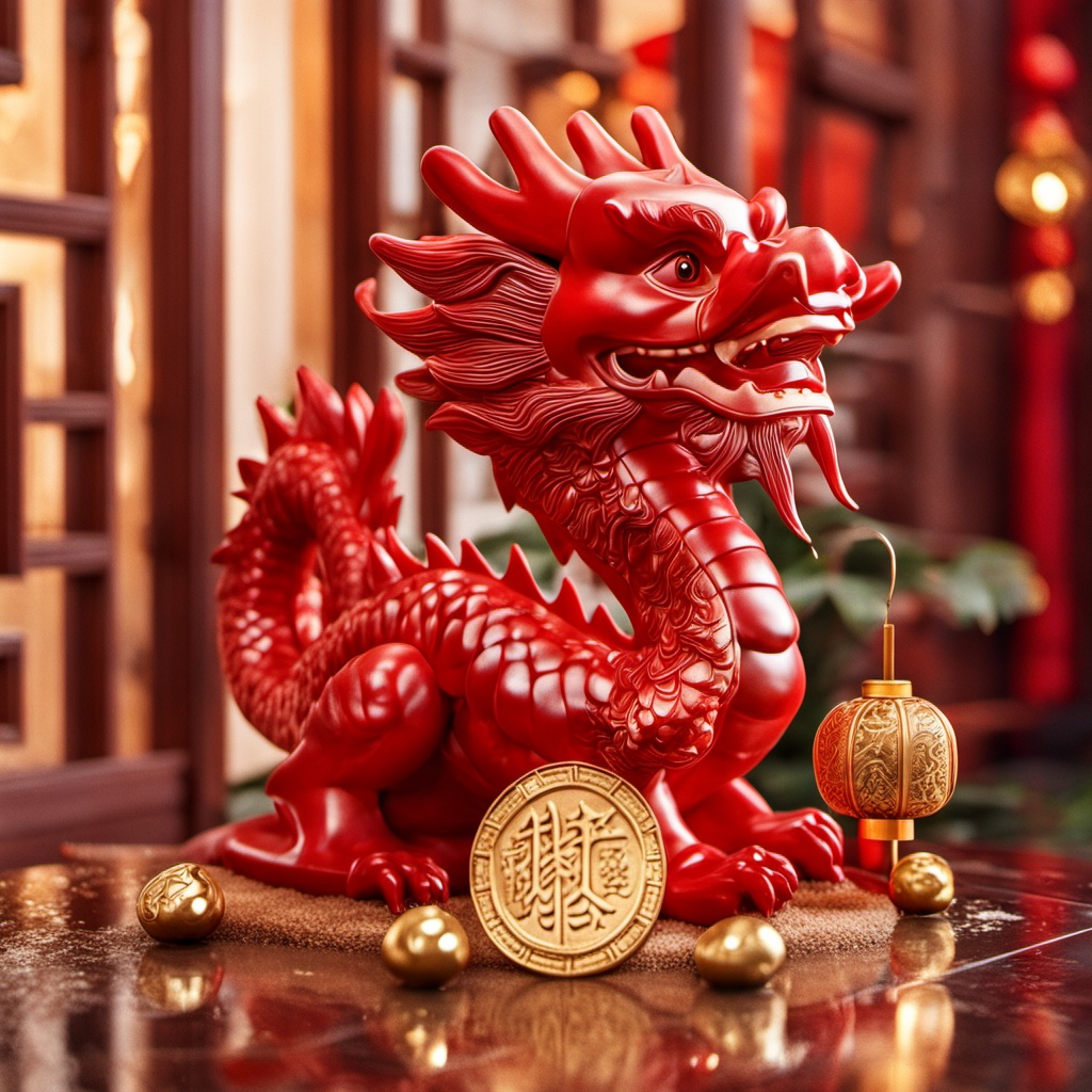 There is a red dragon on the mahogany table,with a sand gold base paired with gold blocks that fall together. The gold blocks are complemented by a red lantern with gold coins next to it,and the background is a retro double window with green plants.,<lora:---long-XL>,