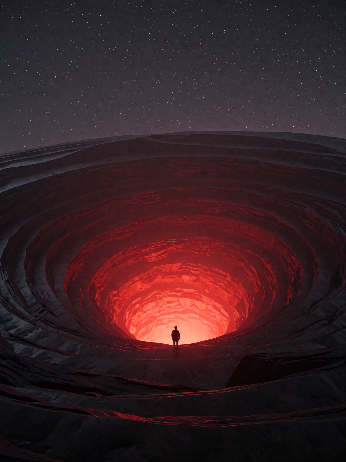 Tiny silhouetted figure on dark terraced ridges overlooking a colossal abyss radiating intense crimson light,  massive con...