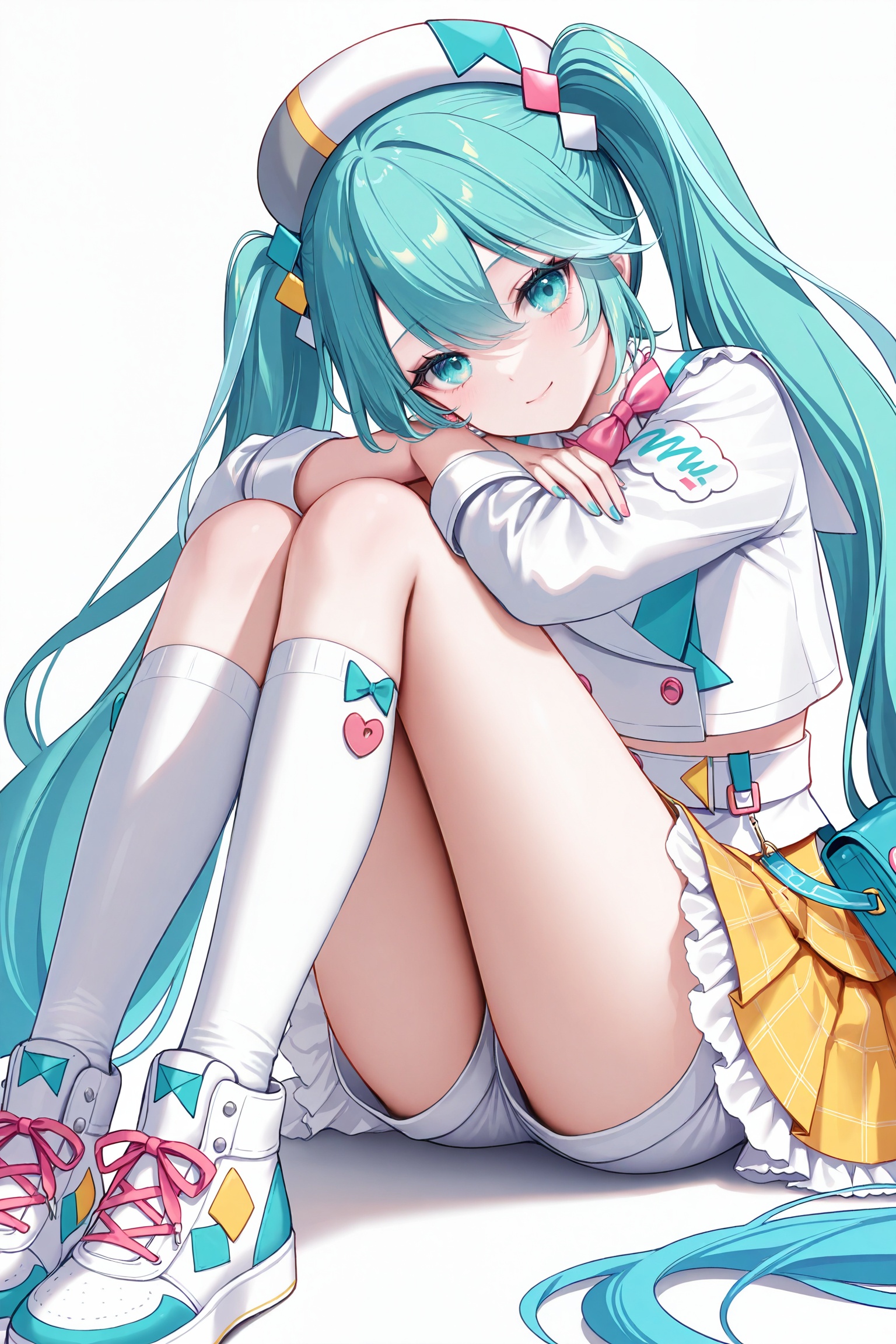 masterpiece,best quality,newest,absurdres,highres,soft shadows,photorealistic,(chen bin:0.5),(hiten \(hitenkei\):0.4),(rimuu:0.5),(mignon:0.5),(sheya:0.6),<lora:MMM2024XLNAI:1>,magical mirai miku \(2024\),shorts,sneakers,headwear,white shirt,yellow skirt,frilled skirt,white kneehighs,