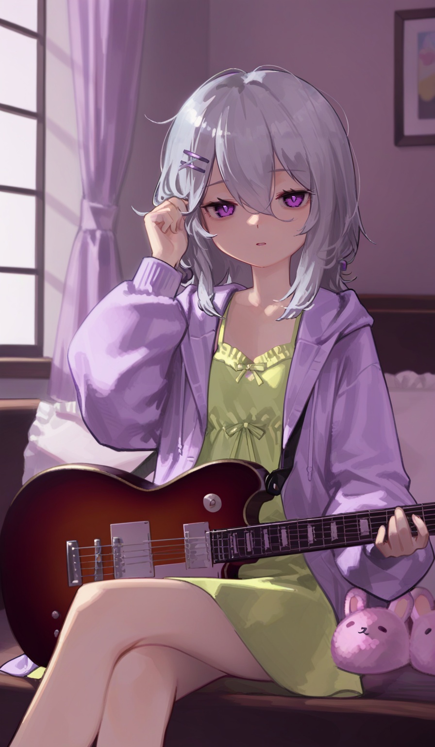 <lora:YoonYorry-Style:1.2>,(upper body:1.3),(close-up:1.3),1girl,loli,hair between eyes,long hair,(medium hair:1.1),grey hair,sidelocks,Lilac eyes,purple hairpin,light purple hooded jacket,Light green camisole,Light green dress,Pink slippers, \, sleepy,yandere,adjusting_hair,(holding electric guitar:1.1),sitting,indoors,window,crossed legs,looking at viewer,feet out of frame,