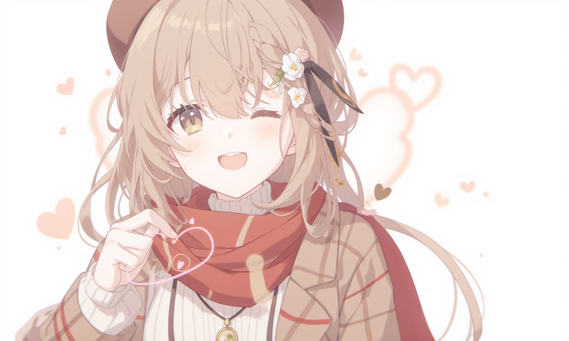 1girl,    ribbon, brown coat, braid, official alternate hairstyle, smile, french braid, open clothes, sweater, long hair, heart, solo, black ribbon, simple background, open mouth, white sweater, flower earrings, earrings, looking at viewer, jewelry, coat, virtual youtuber, necklace, hair over shoulder, ribbed sweater, open coat, heart hands, beret, :3, yellow eyes, white background, hair between eyes, official alternate costume, green eyes, hat, ahoge, flower, hair intakes, single braid, brown hat, teeth, hair flower, light smile, plaid coat, brown eyes, heart background, blinking, upper body, multicolored eyes, sleeves past wrists, plaid, blush, long sleeves, white flower, closed mouth, upper teeth only, off shoulder, half updo, wavy hair, red scarf, scarf, hair ornament, crossed bangs, asymmetrical hair <lora:BastylrV2:0.5> <lora:Yajiang:0.7>