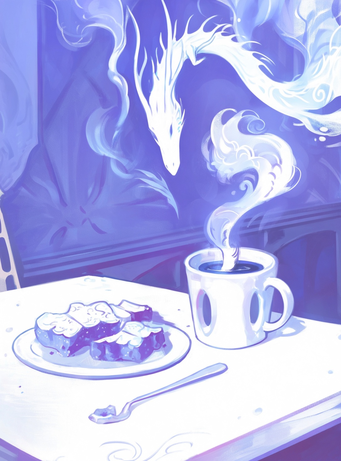 @himmis,  A steaming beverage sits inside a coffee mug placed upon a table next to a plate of food and candy desserts,  al...