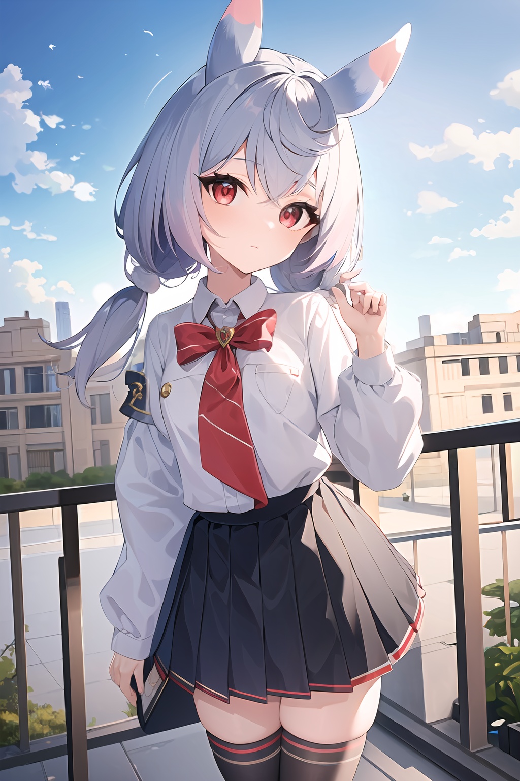 (masterpiece, best quality:1.2),insanely detailed,absurdres,ultra-highres,ultra-detailed,best quality,slender,kawaii,perfect symmetrical face,ultra cute girl,ultra cute face,ultra detailed eyes,ultra cute,ultra beautifu,<lora:sigewinneT-000008:0.8>,sigewinne \(genshin impact\),1girl,solo,red eyes,short twintails,animal ears,school uniform,black thighhighs,outdoors,standing,