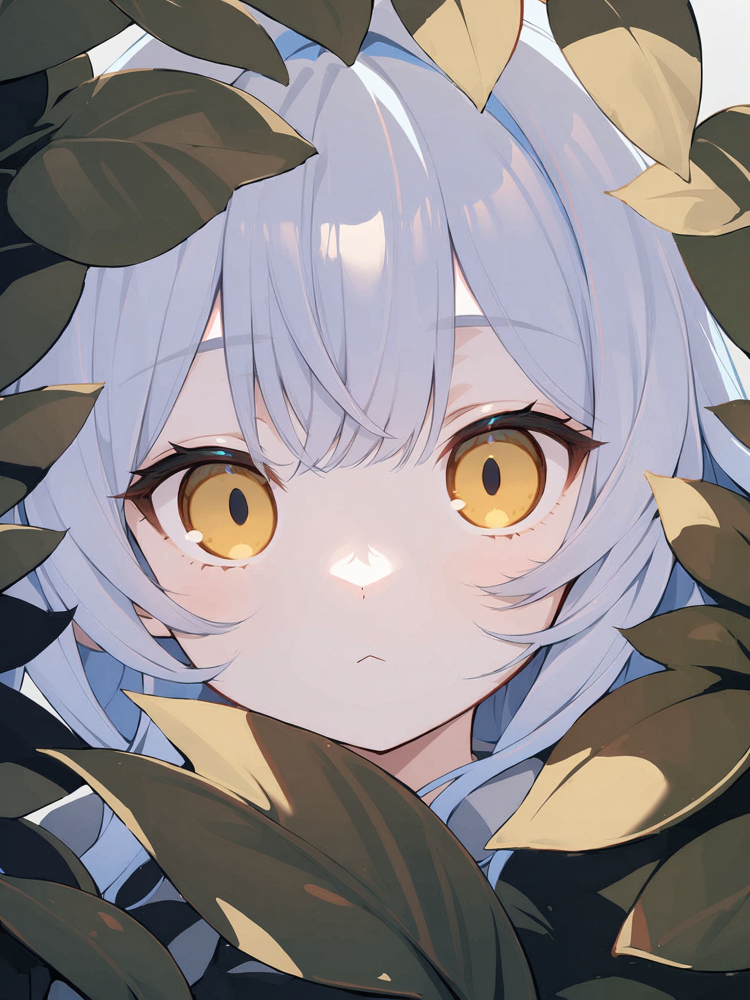 1girl,solo,yellow eyes,looking at viewer,:<,bangs,close-up,blue hair,peeking out,empty eyes,portrait,white background,simple background,grey hair,closed mouth,