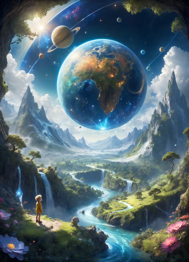 A stunning 8K digital painting depicting a small planet inspired by Antoine de Saint-Exupry's "The Little Prince," rendered with meticulous detail and vibrant colors. The fantastical landscape is dotted with lush forests, winding rivers, and majestic mountains, each feature intricately crafted to evoke a sense of wonder and awe. Against the backdrop of a star-filled sky, the tiny planet floats in space, a testament to the beauty and complexity of the natural world as seen through the eyes of a child