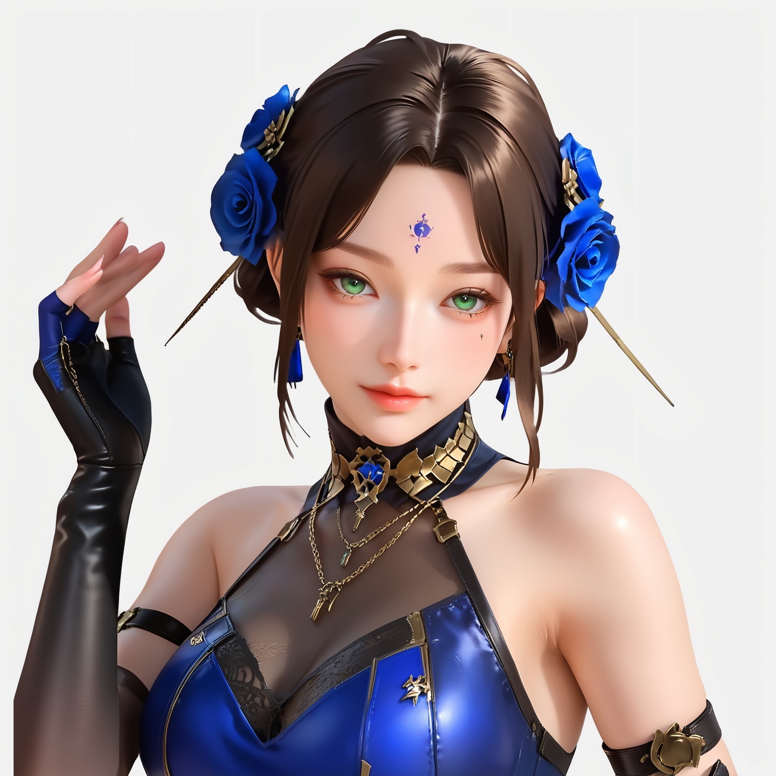 score_9,score_8_up,score_7_up,1girl,gloves,solo,green eyes,blue flower,jewelry,forehead mark,hair ornament,brown hair,earrings,flower,looking at viewer,facial mark,hair flower,blue rose,elbow gloves,hair bun,fingerless gloves,white background,breasts,blue dress,black gloves,rose,closed mouth,necklace,simple background,arm strap,<lora:bulianshiBWZ THV3:0.8>,