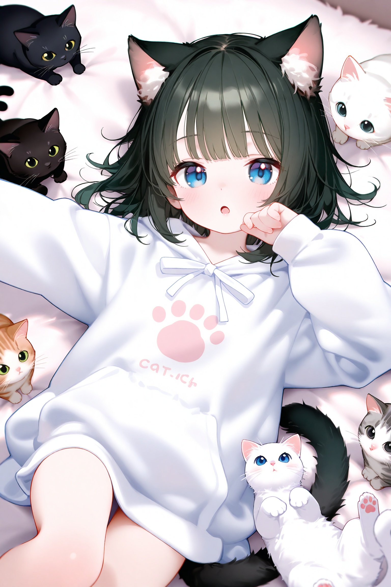 masterpiece,very aware,highres,absurdres,newest,best quality,petite,high quality,chromatic_aberration,cinematic_angle,dutch angle,child,petite,//,1girl, animal ears, artist name, blue eyes, cat, cat ears, cat girl, cat tail, green hair, hood, hoodie, long sleeves, looking at viewer, lying, medium hair, on back, open mouth, puffy long sleeves, puffy sleeves, tail, white cat, white hoodie, commentary request, commission, highres, skeb commission, wide shot<lora:22222.NAI4h:0.8>