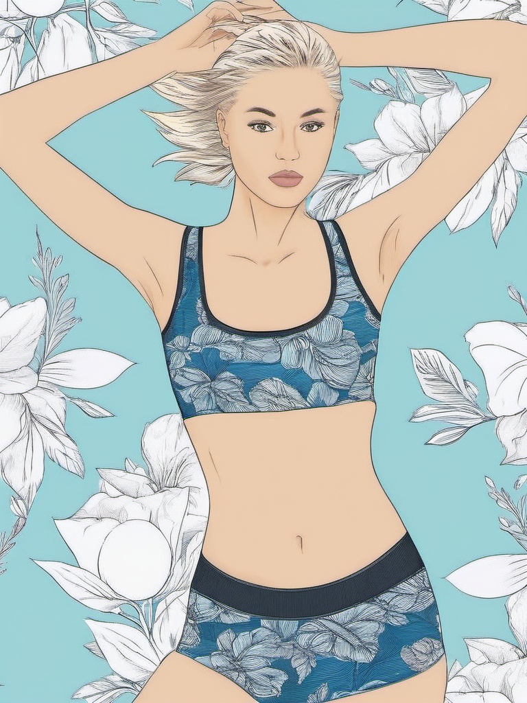 1NK ,  ,  The image a black and white illustration of a young woman in a sports bra and shorts. She is standing with her a...