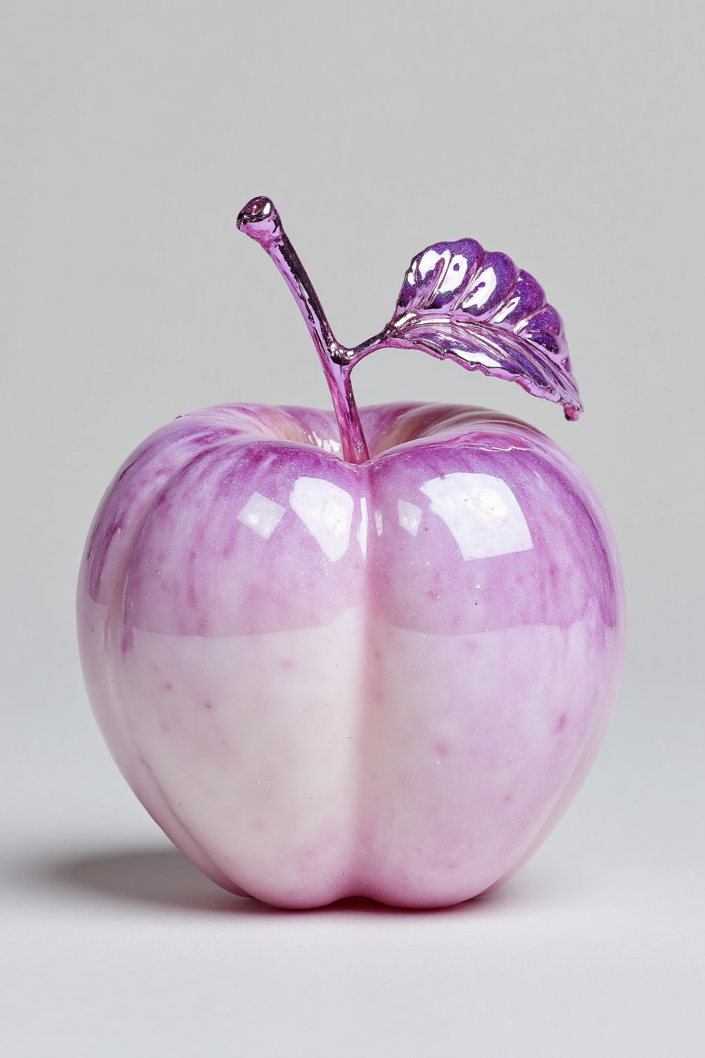 beijihui,Captured from a low-angle perspective on a stark white backdrop, a vibrant pink apple is adorned with water droplets, adding a touch of sparkle to the composition. The apple's shiny, glossy surface reflects a soft glow, creating a stark contrast to the apple's vibrant purple hue. The stem of the apple, adorned with a sparkling purple hue, adds a pop of color to the otherwise monochromatic composition.