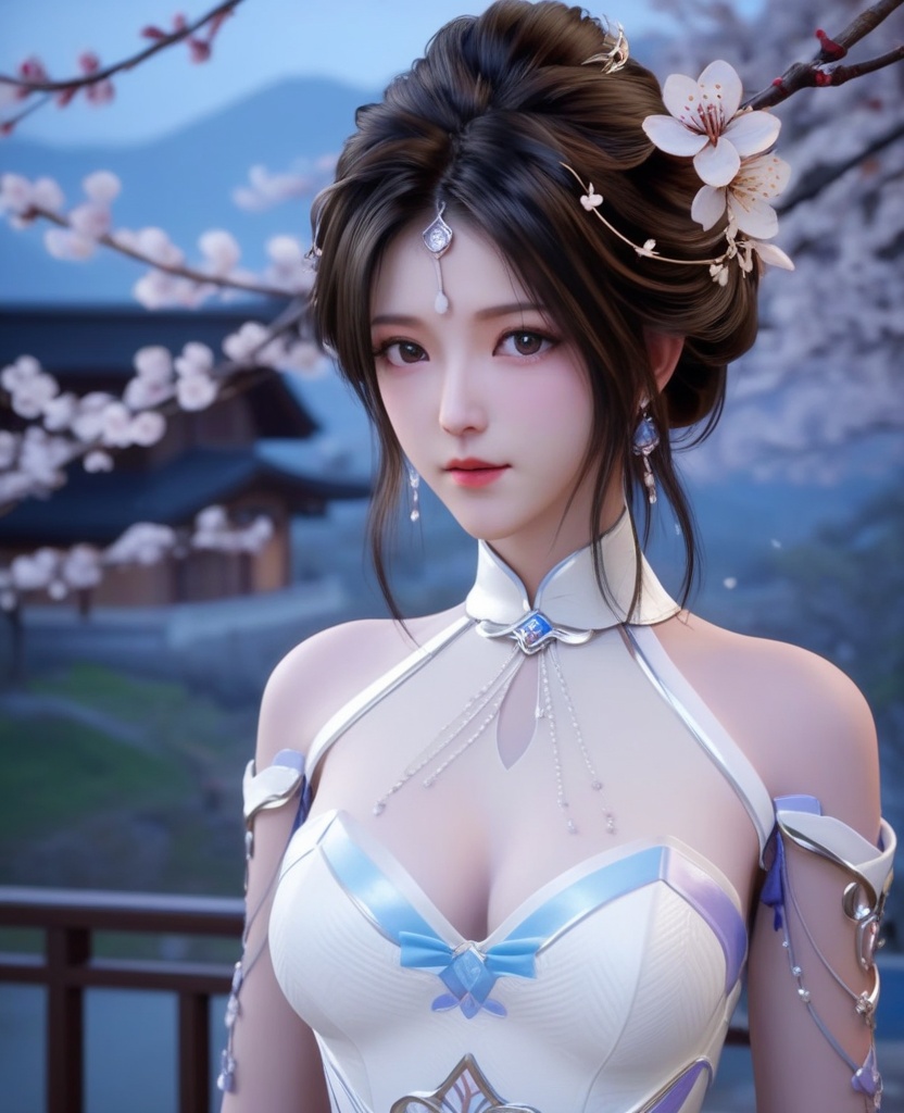 <lora:613-DA-XL-神印王座-白玥:0.8>(,1girl, ,best quality, ),looking at viewer,  ,ultra detailed background,ultra detailed background,ultra realistic 8k cg,, ,masterpiece, (( , )),, ,   plum blossoms,    ,,  (cleavage), (), ,,