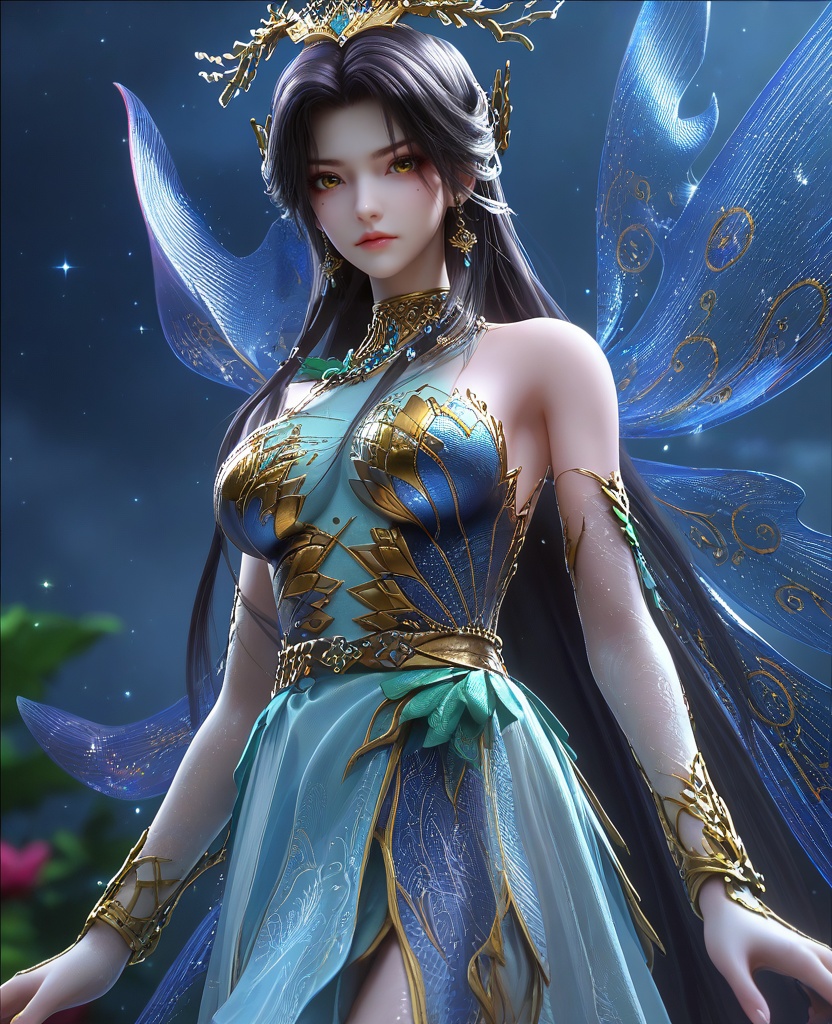 (Walking with a confident stride, looking determined,:1.1),(large breasts:1.2),<lora:XL16云深不知梦羲和罄水珠:0.95>,miss xihe,blue corset tiered gown,mole under left eye,black hair,traditional chinese updo with long front strands,absurdly long hair,hair ornament,jewelry,elbow gloves,fairy wings,bracelet,bare shoulders,sparkle,, score_9,score_8_up,score_7_up,score_6_up,score_5_up,score_4_up,3d rendering,tag1,tag2, Cinematic Lighting,backlighting,
