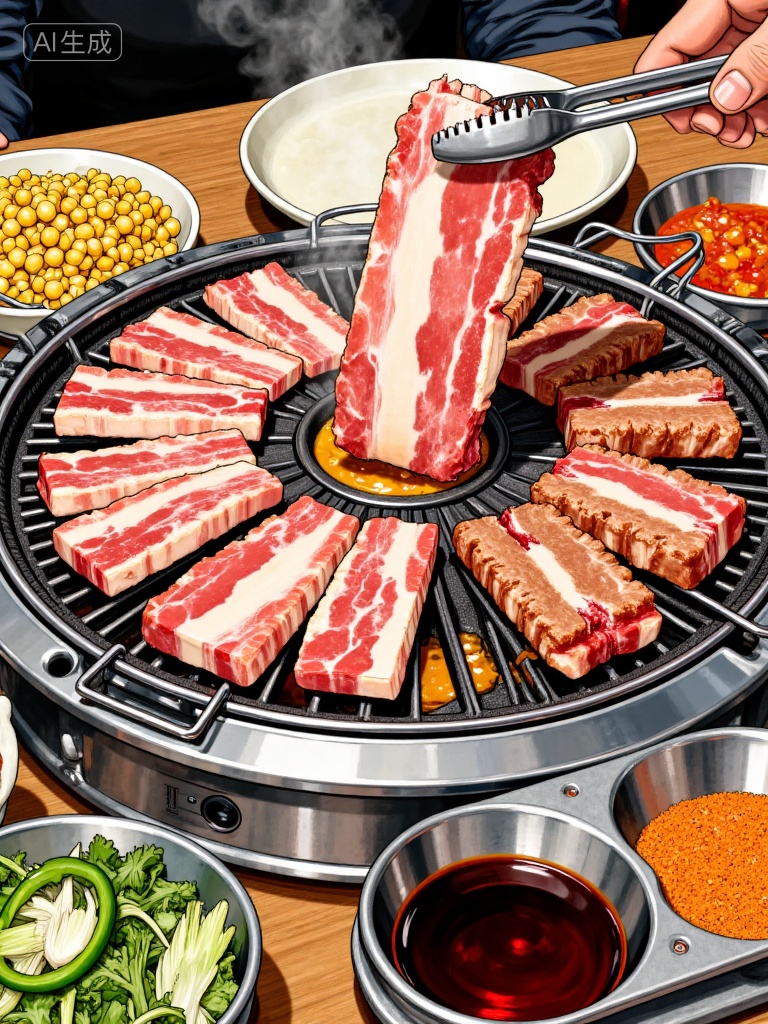 Realistic style of food illustration,(Korean BBQ illustration), Main subject: Korean BBQ scene , Detail elements: , Grill: Round metal grill with edge sections equipped with corn kernels, orange sauce, and yellow egg mixture , Meat: Several pieces of marbled raw pork belly (one piece is lifted by tongs), grilled beef steak turned golden brown , Side dishes: Multiple bowls of Korean side dishes, including spicy kimchi (with lettuce leaves), green onion and garlic slices, green pepper rings , Seasonings: Double-compartment metal plate, containing dark dipping sauce and orange dry seasoning , Environment: Wooden table, with metal utensils and a person's arm visible nearby , Style: Realistic illustration, sharp lines, rich colors, highlighting the smoky atmosphere and tempting texture of Korean BBQ ingredients., Negative prompt: ng_deepnegative_v1_75t,(badhandv4:1.2),EasyNegative,(worst quality:2),,nsfw, Steps: 30, Sampler: Euler, CFG scale: 7.0, Seed: 3963231760, Size: 768x1024, Model hash: 8cba4f1ef4, Model: F.1基础算法模型-哩布在线可运行_F.1-dev-fp8.safetensors, Denoising strength: 0, RNG: CPU, Lora 1: 而已, Lora Hash 1: de715ed38f, Lora Weight 1: 0.8, vae_name: automatic