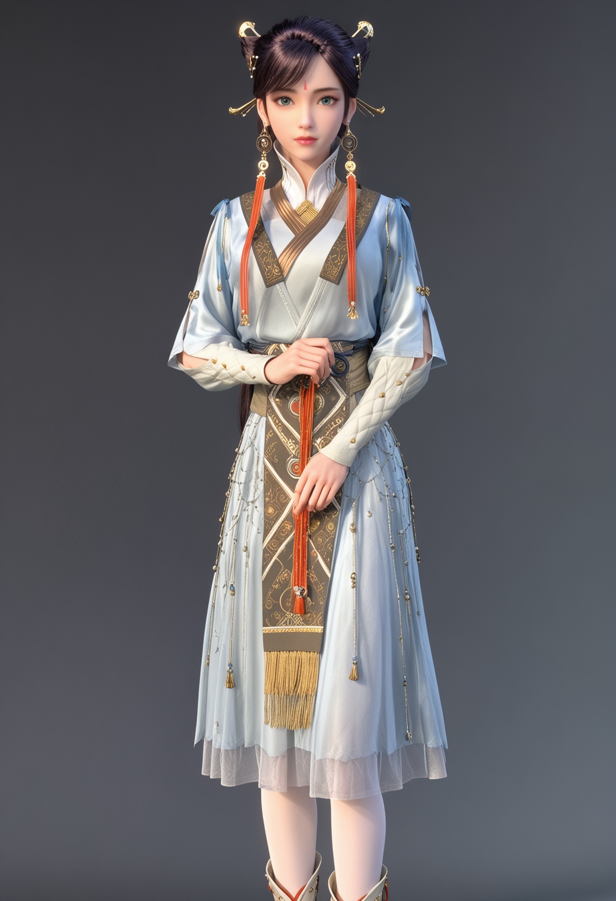 (standing:1.1),(full_body:1.1),(looking at viewer:1.1),facing viewer,direct gaze,<lora:YQ_pony_xulingxi2_V4:0.8>,q1528437228,1girl,solo,jewelry,earrings,hair ornament,black hair,lips,chinese clothes,dress,forehead mark,green eyes,hair bun,long hair,makeup,brown hair,hair stick,long sleeves,tassel,(boots:1.1),white pantyhose,braid,blue eyes,brown eyes,double bun,BREAK simple background,pure black background,black background,perfect anatomy,