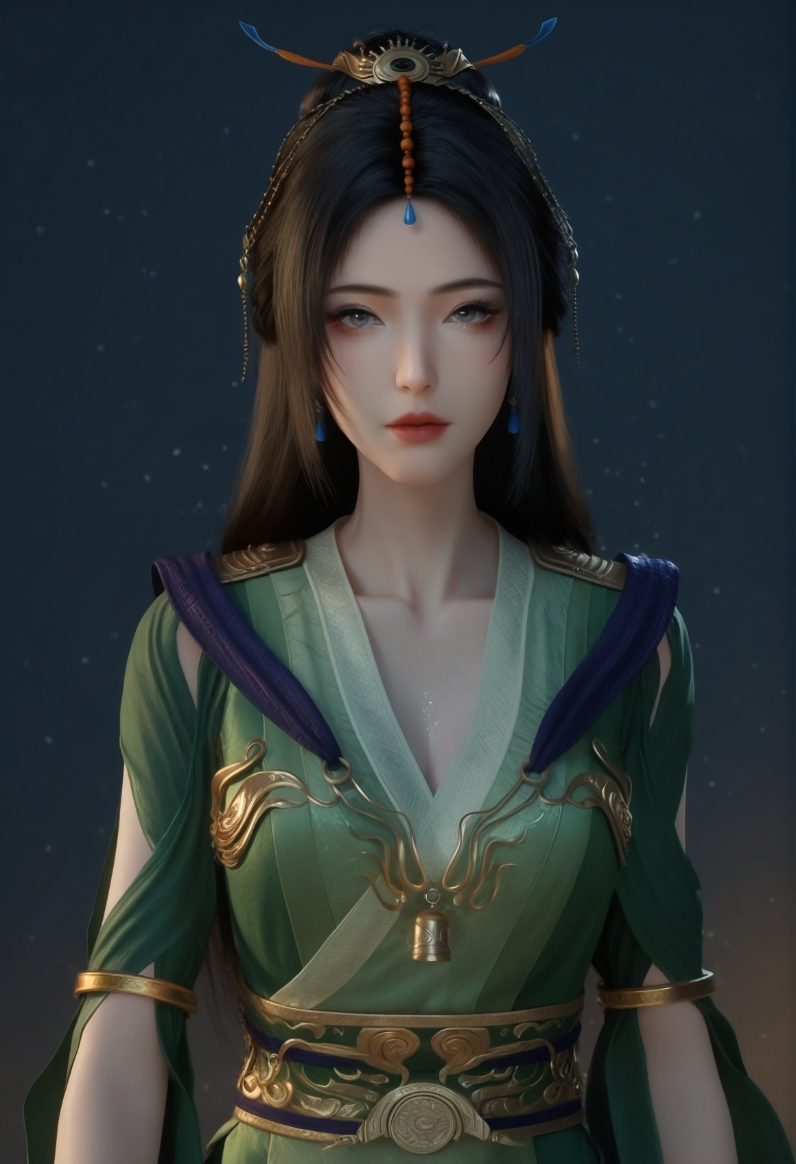 (score_9),<lora:柳玉-apony:0.85>,liuyu,1girl,solo,long hair,hair ornament,single hair bun,black hair,earrings,traditional dress,green_traditional dress,armlet,jewelry,waistband,chest bell,bracer,gold,mature_female,BREAK<lora:Expressive_H-000001:0.78>,light blush,Expressiveh,looking at viewer,front view,fair_skin,(pale skin),(sweaty_skin),BREAKsimple background,<lora:e色温:0.25>,sparkle,4K ultra HD,sharp focus,high detail,high contrast,